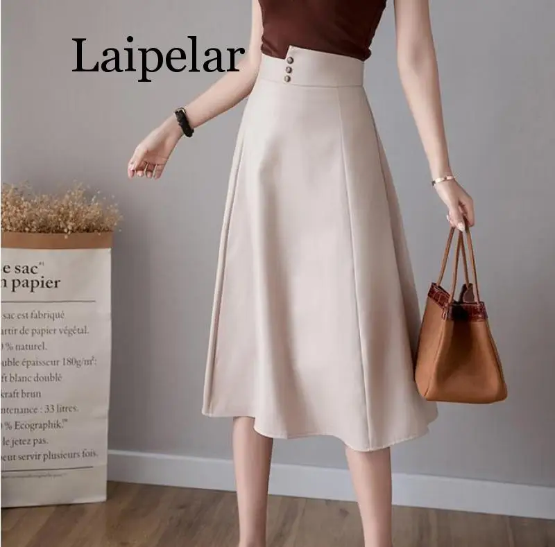 Laipelar Women Spring Summer High Waist Midi Skirt Casual Solid Color Ruffles Button Skirts Black Beige Skirts Female 2019