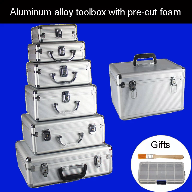 

Aluminum alloy toolbox Suitcase Instrument box Equipment File Box Cosmetic Case Aluminum case Tool box with Sponge Free shipping