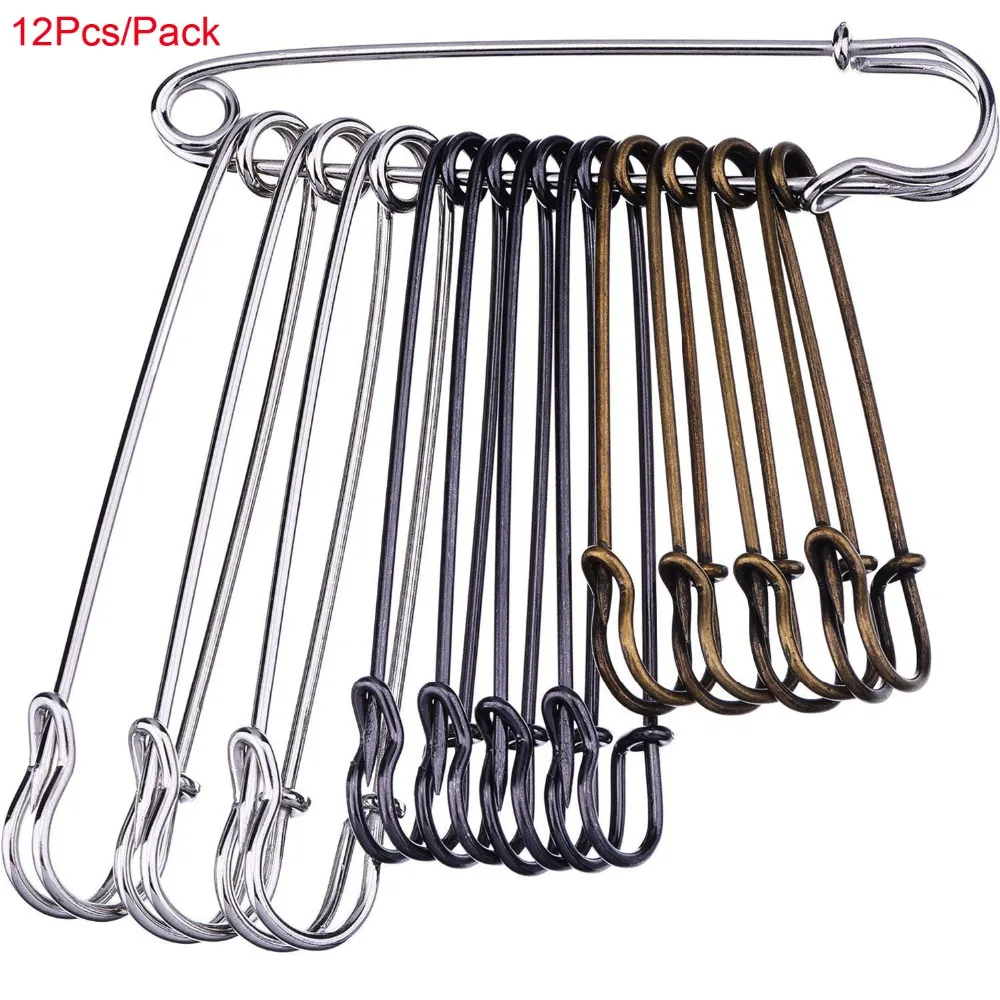 

12 Pieces Extra Large Safety Pins Stainless Steel Heavy Duty Safety Pins, 3 Size (Silver, Bronze and Black)