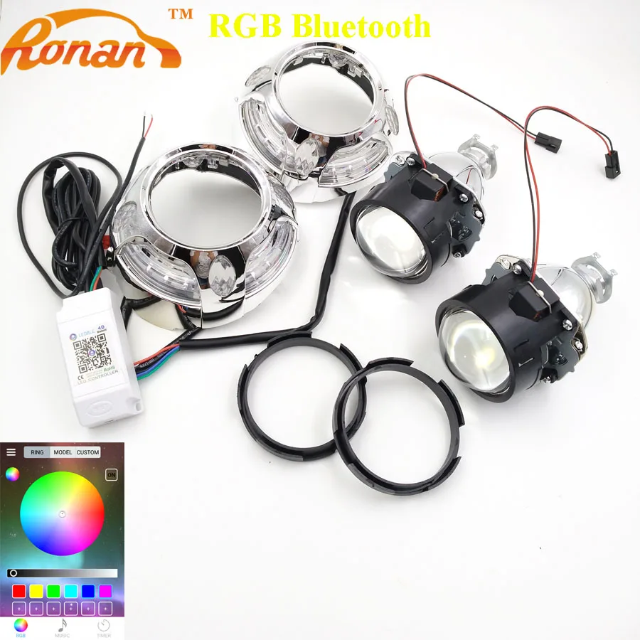 Ронан RGB Bluetooth многоцветный ангельские глазки для Panamera уплотнительных колец 2,5 ''Биксеноновые линзы прожекторного типа 8,1 H4 H7 автомобильных фар