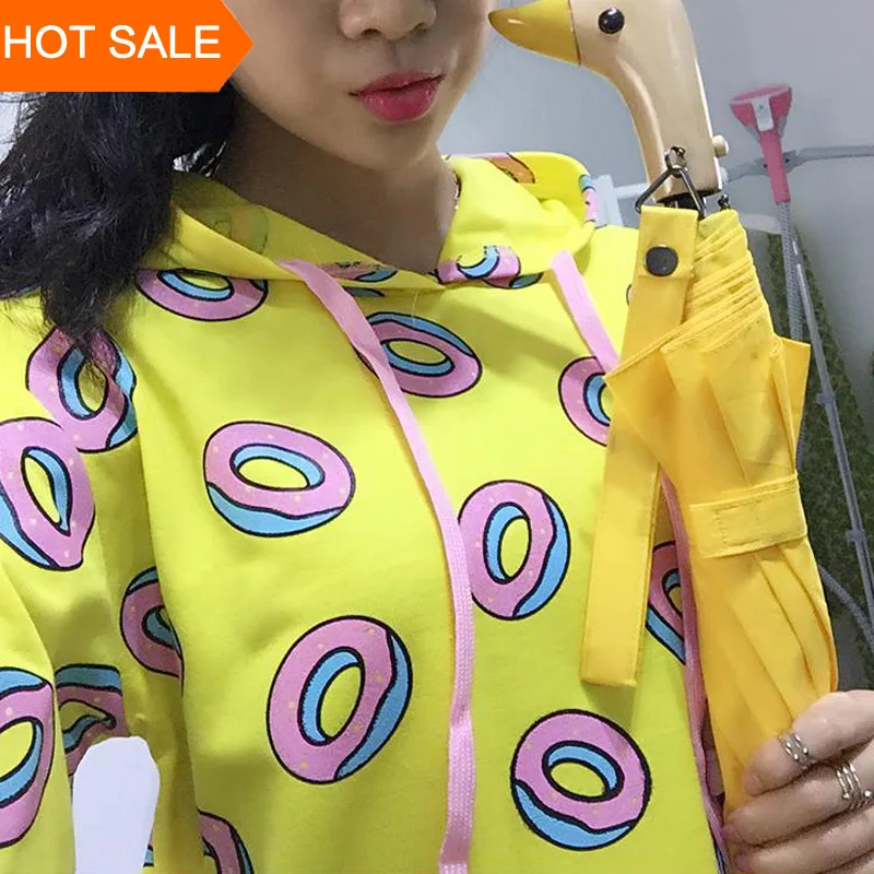  New Spring Autumn 2019 Cute Donut Print Pullovers Geometric Women Hoodies Sweatshirt Fashion Yellow