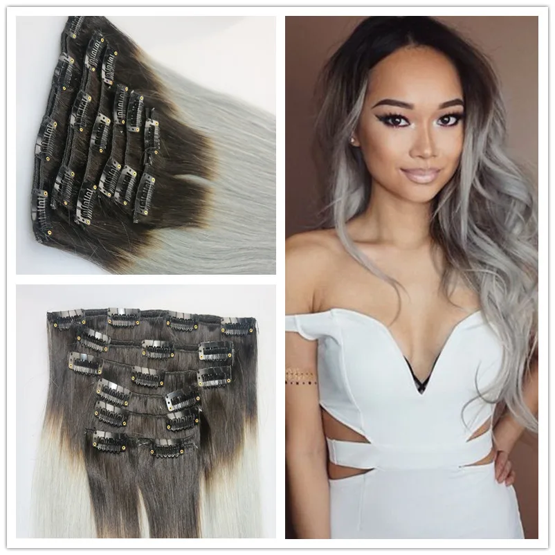 Ombre Grey Clip In Human Hair Extension Ombre Brazilian Human Hair
