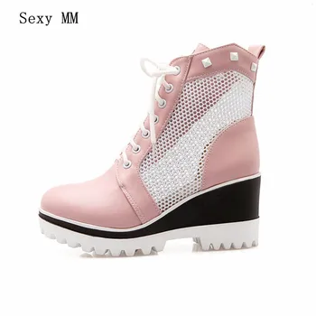 

High Quality Cut-Outs Woman Platform Wedges Flat Ankle Boots Lace-Up Women Casual Shoes Short Boots Plus Size 34-40.41,42,43