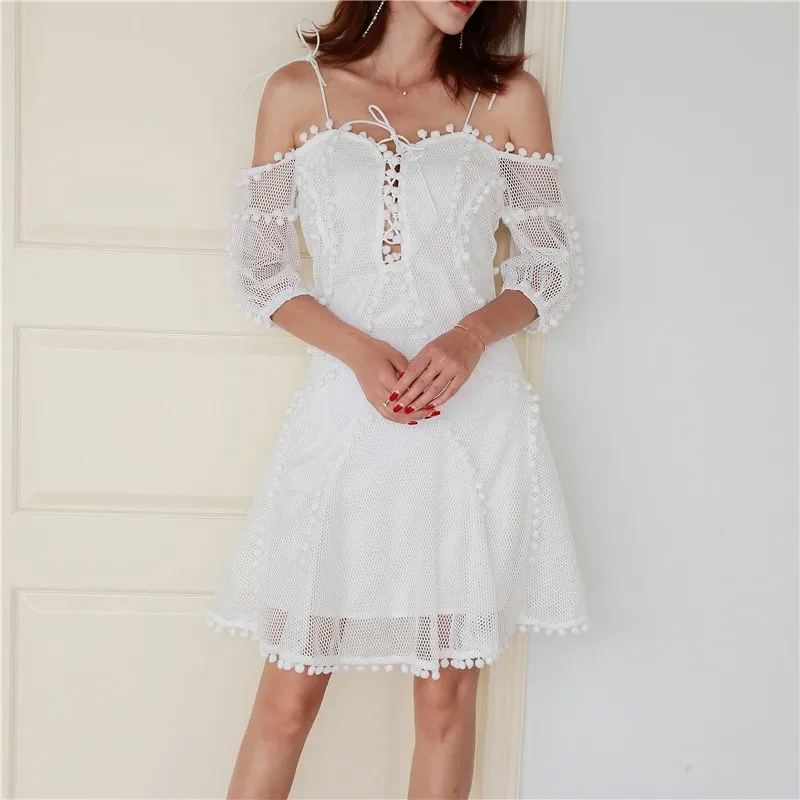 

Women Off Shoulder Hollow Out A-Line Mini Dress 2019 Summer Casual High Waist Bandage Dress Vestidos Solid Dresses