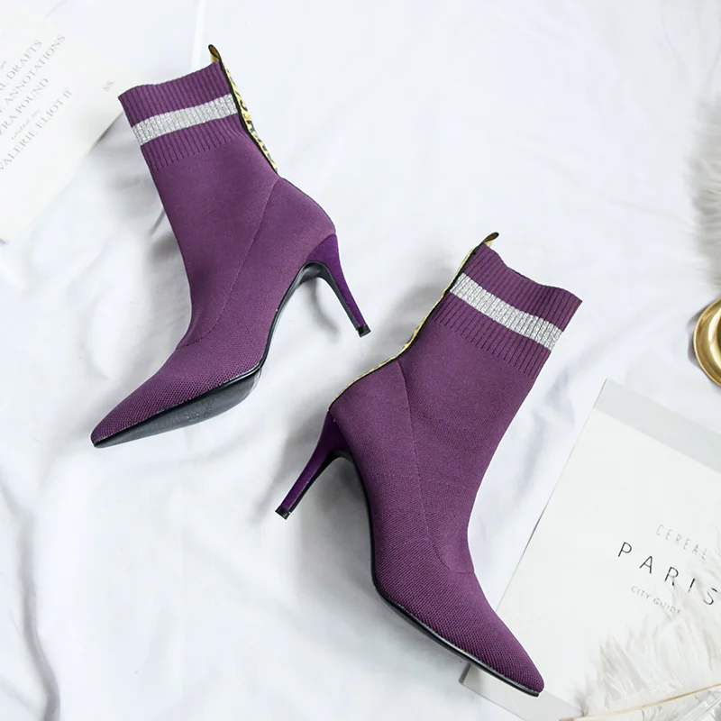 Donna-in/пикантные ботинки на очень тонком высоком каблуке; женская обувь с острым носком из эластичной ткани; натуральная кожа; сезон осень - Цвет: purple