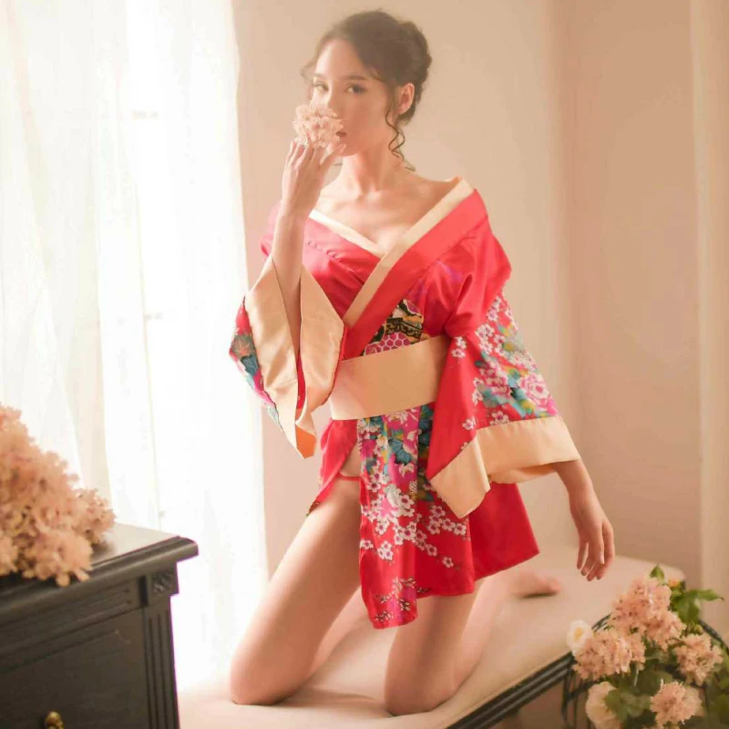 

New Japanese-style Print Flower Kimono Robe Nighties Back Big Bow and Wide Belt Uniform Nightgowns Faux Silk Robes for Women