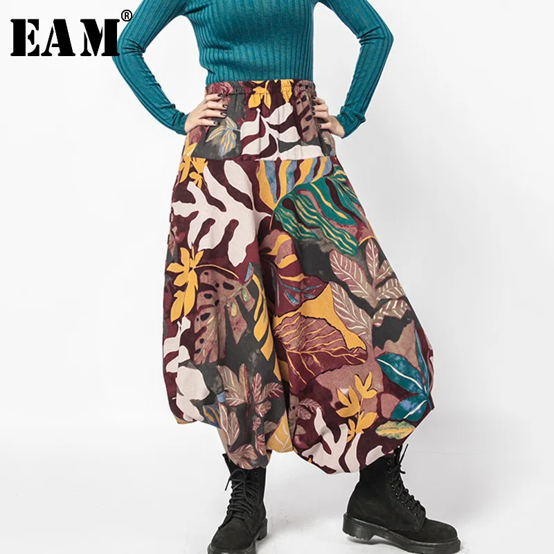 

[EAM] 2020 Spring Autumn Woman Personality Stylish New Print Pattern Long Loose Pleated High Elastic Waisy Cross-pants LI008