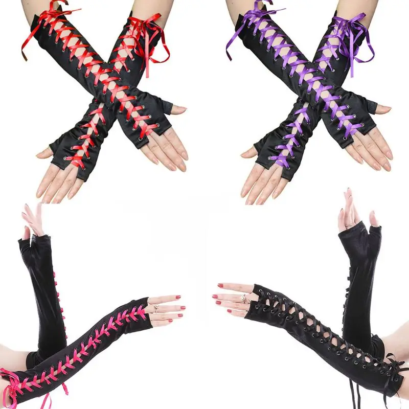 

Sexy Elbow Length Fingerless Long Gloves String Ribbon Criss Cross Lace Up Disco Dance Gothic Style Cosplay Mittens Arm Warmer
