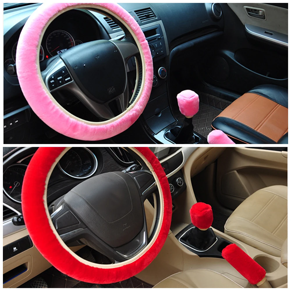 Автомобильный плюшевый Модный Универсальный руль, зимний теплый плюшевый костюм из трех предметов, розовые автомобильные аксессуары, пушистый