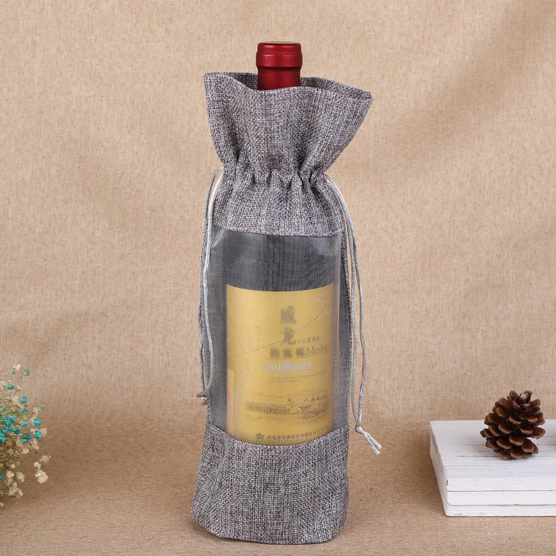 1pcs Imitation Jute Wine Bottle Bag Covers Clear Window Drawstring Gift Packaging Wedding Party Decor Supplies | Дом и сад