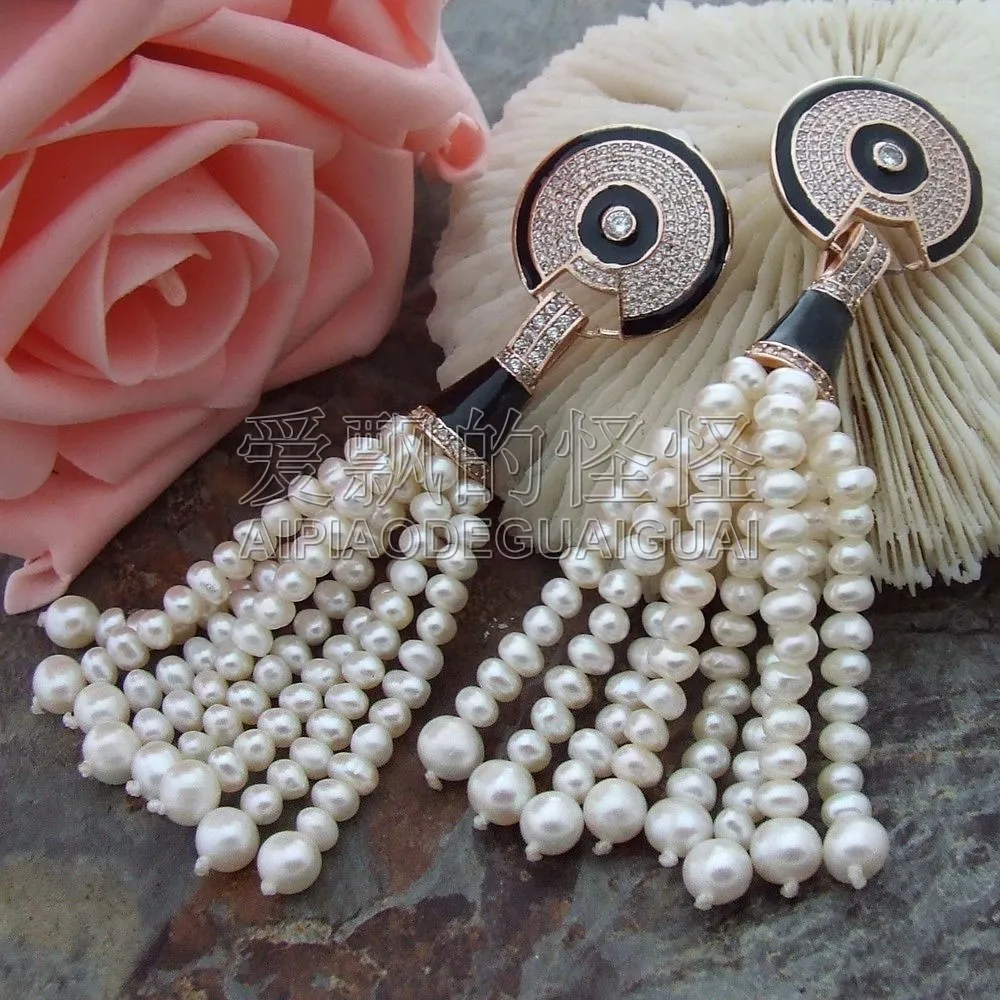 E093013 3.5" White Pearl CZ Earrings