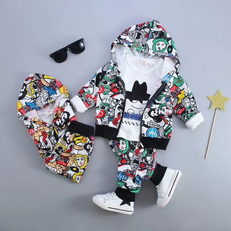 Комплекты одежды для маленьких мальчиков, Осенний хлопковый костюм с капюшоном тренировочный костюм из 3 предметов повседневная одежда для малышей, детская одежда для мальчиков 2 лет