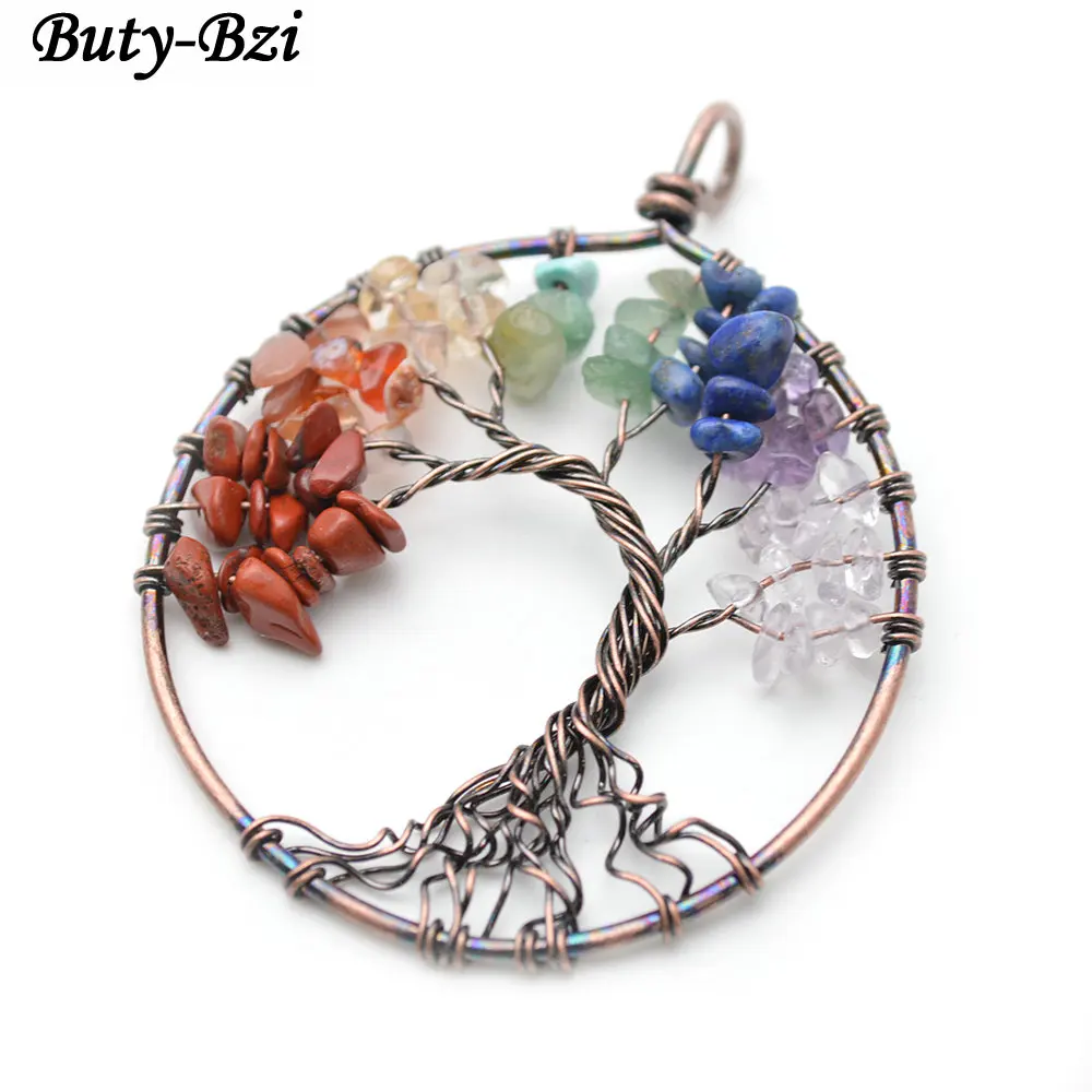 

Natural Multi Semi-precious Stone Chips Beads Antique Copper Color Wire Wrapped Round Circle Life Tree Chakra Pendant