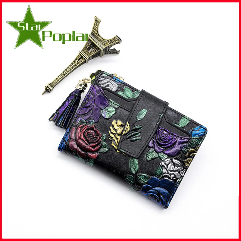 

Genuine leather wallet,Fashionable butterfly flower floral wallet,Multi card short wallet with short buckle,cow leather wallet