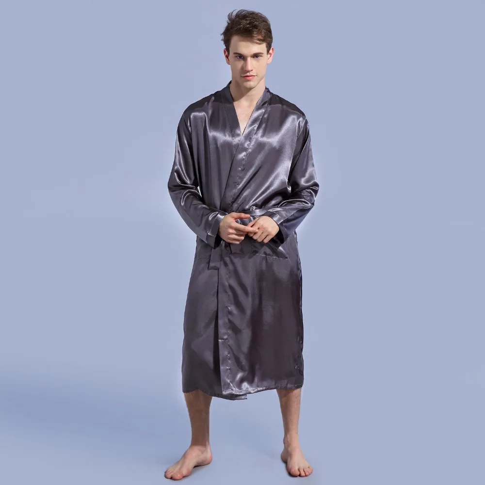 Черный Новый Свободный Повседневный Мужской Атласный халат из искусственного шелка, однотонное кимоно, юката, банный халат, ночное белье