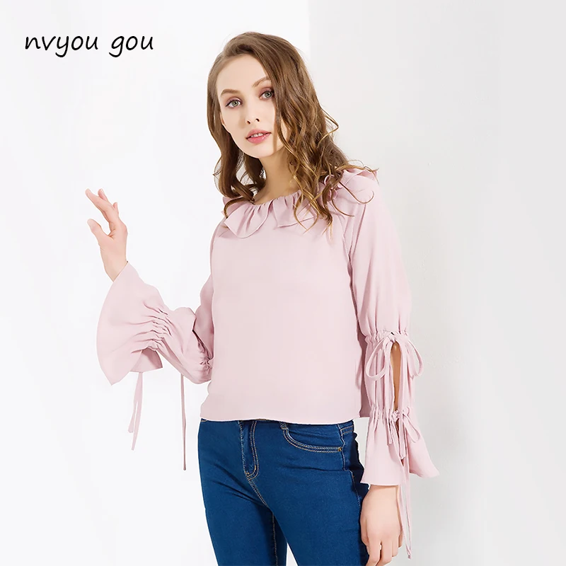 

Women Blouses Shirts 2019 Autumn Elegant Ladies O-Neck Flounce Long Sleeve Solid Blusas Casual Loose Tops