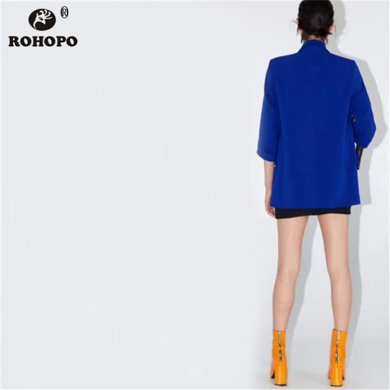 ROHOPO Women Draped Button Cuff Sleeve Blazer Blue Notched Collar Straight Outwears Office Ladies Casual Chaqueta #BM2215