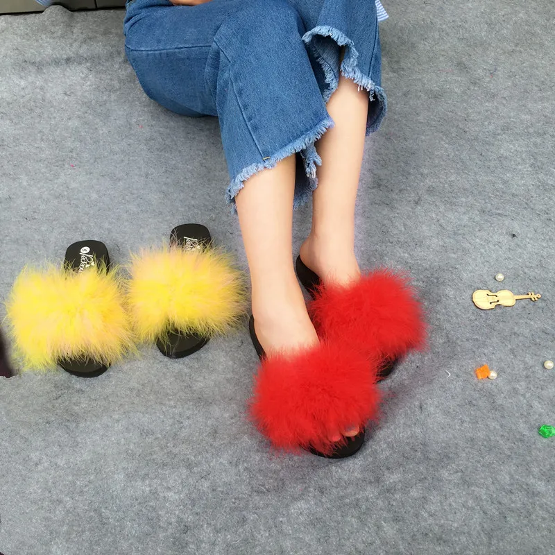Coolsa/летние женские шлепанцы со страусиными перьями; шлепанцы с пушистым искусственным мехом; Домашние вьетнамки на плоской подошве; разноцветная пикантная обувь для вечеринок