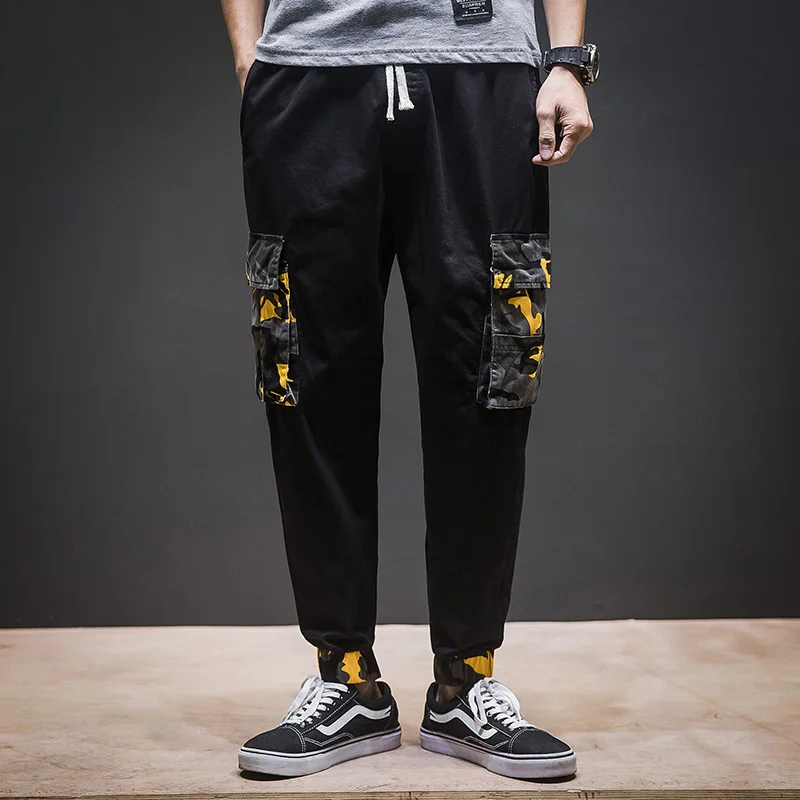 Уличная Мужская брюки карго камуфляжные Лоскутные мужские брюки хип-хоп брюки с несколькими карманами Harajuku беговые штаны - Color: Black