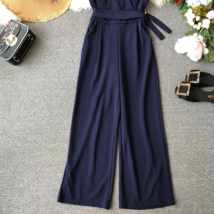 Sleeveless V-neck High Waist Sashes Wide Leg Jumpsuit