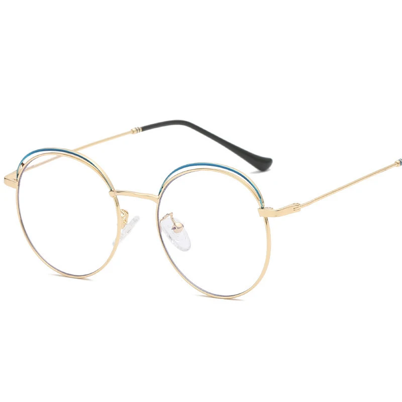 Стильная и красивая круглая оправа анти-Blu-ray очки ретро тренд металлические очки оправа для мужчин и женщин литературное плоское зеркало - Цвет оправы: Blue Gold