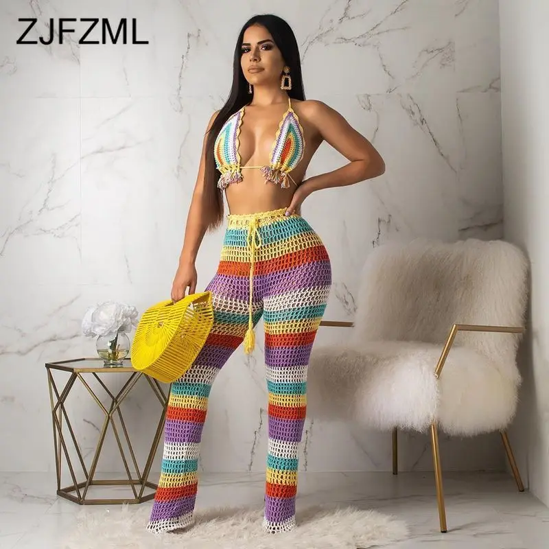 

Rainbow Striped Fishnet Hollow Two Piece Set Women Halter Backless Crop Top + Bodycon Pant Summer See Through Beach Club Outfits
