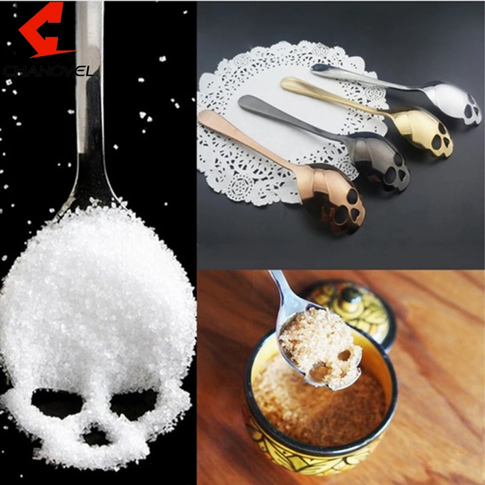 Chanovel 1 pcs 해골 모양의 스푼 15 cm 304 스테인레스 스틸 커피 스푼 디저트 아이스크림 과자 티스푼 스테인레스 음식 칼 붙이