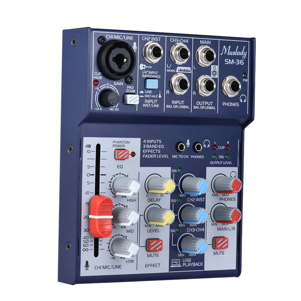 

SM-36 4-Channel Mixing Console Digital Mixer Supports 5V Power Bank USB Built-in 48V Phantom Power 3-band EQ with Volume Fader