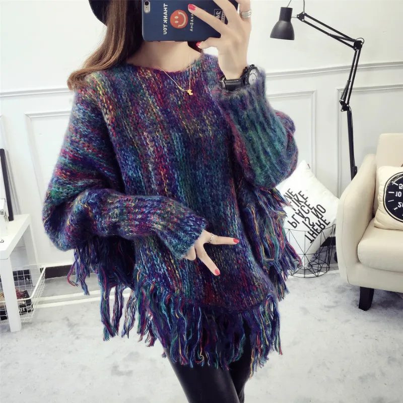 Winter Runway Sweater Women Luxury Brand Design Elegant Tassel Bat Medium-length Shawl Loose Warm Knitted Tops New | Женская одежда