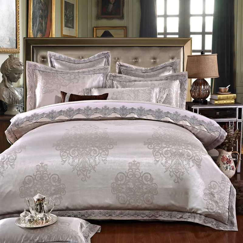 

White Silver Color Jacquard Luxury Bedding sets 4/6 Pcs Queen/King size lace cotton Stain Bed set Bed linen Duvet cover pillow