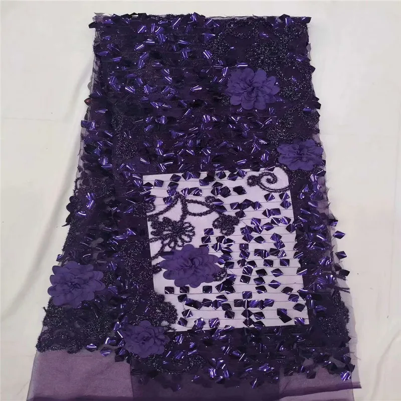 

3d Lace Fabric High Quality African Tulle Lace Fabric Appliqued sequins Beaded Lace Fabric For Nigerian Wedding Dress purple