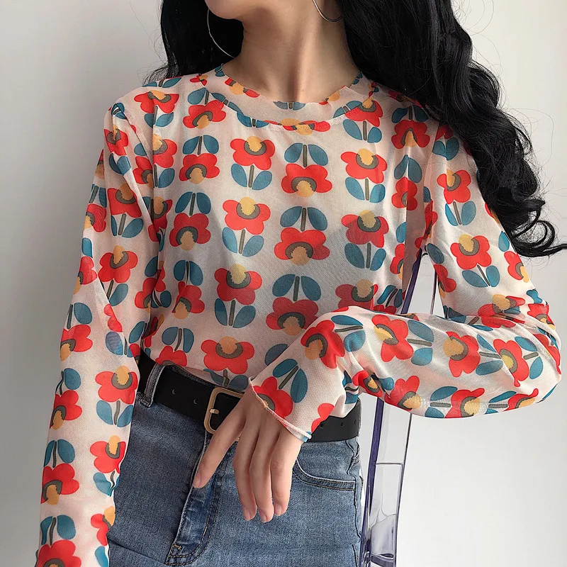 

8 colors Women print t-shirt Top tee 2019 Long-sleeved t-shirt women's perspective tops in a flower bottoming t-shirts women tee
