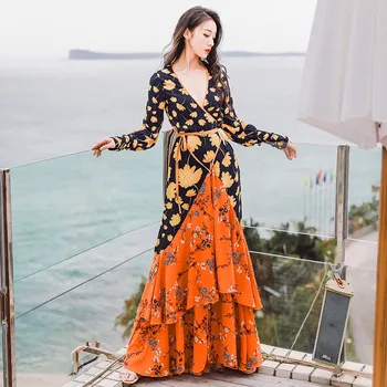 

2019 Maxi Women Summer Dresses Boho Sexy V-Neck Dress Elegant Print Long Dress Beach Dress Vestidos