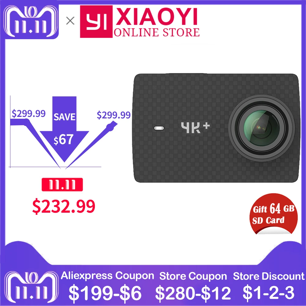 Free Gift 64G SD Card Xiaomi YI 4K Plus Action Camera Ambarella H2 4K/60fps 12MP 155 Degree 2.19 Free Gift 64G SD Card Xiaomi YI 4K Plus Action Camera Ambarella H2 4K/60fps 12MP 155 Degree 2.19