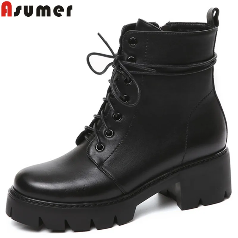 

ASUMER black fashion autumn winter boots women round toe genuine leather boots platform cross tied prom boots street style