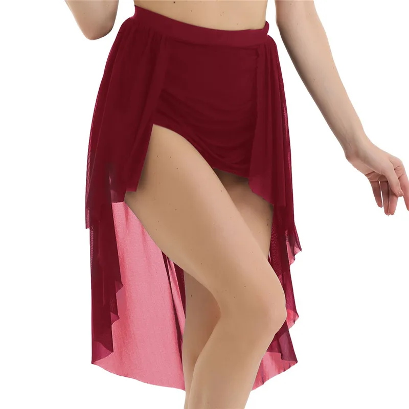 Женская юбка для танцев с высокой талией, со встроенной короткой однотонной балетной прозрачной сетчатой панелью, юбка-скошенный сверху вниз, асимметричный юбка