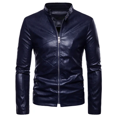 Модная мужская Мягкая тонкая однотонная мотоциклетная куртка-бомбер из искусственной кожи, пальто, осенняя Байкерская Повседневная непромокаемая куртка - Цвет: F220 dark blue