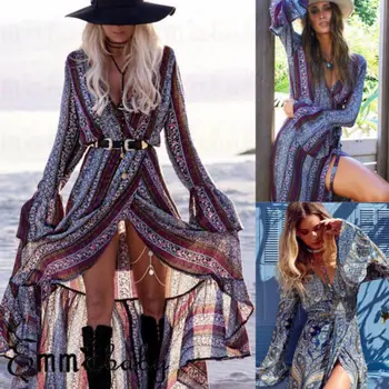 

Women Summer Boho Long Dress Floral Evening Cocktail Party Beach Loose Sundress
