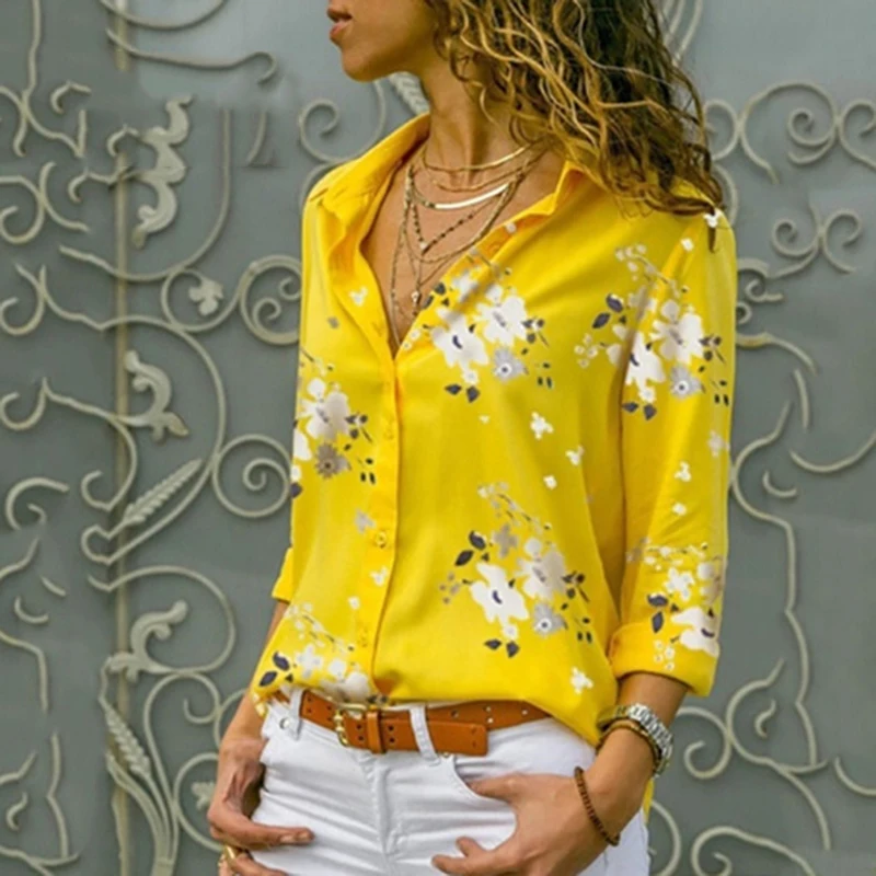

2019 Spring Summer Female Clothing Women Long Sleeve Blouse Shrit V-neck Floral Print Casual Chiffon Blouse Blusa