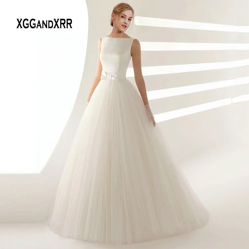 

Elegant A Line Tulle Wedding Dress with Bow Sash Romantic V Backless Long Bridal Gown Simple Satin Tulle Wedding Bride Dress