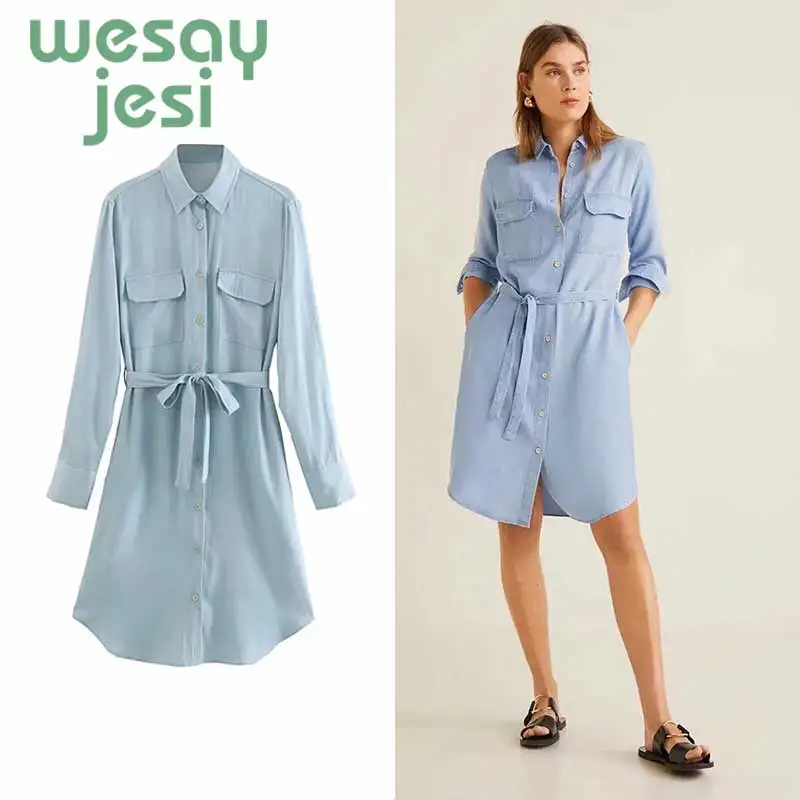 Women Denim dress Pockets Cowboy dress women dress 2019 autumn style loose high waist bandage women Dress