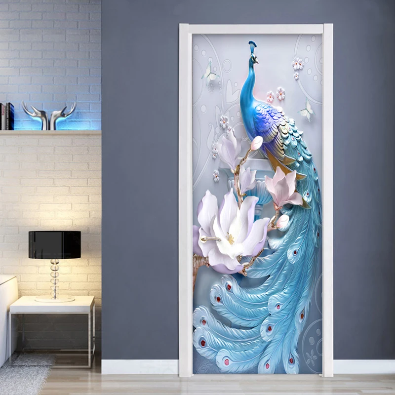 

PVC Self-Adhesive Waterproof Door Sticker 3D Embossed Blue Peacock Photo Wall Mural Living Room Bedroom Home Decor Wallpaper 3 D