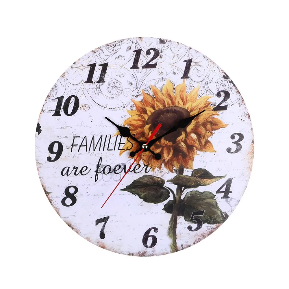 

European retro pastoral wind sunflower wall clock Kitchen Wall Clock Battery Operated Large Easy To Read Vintage Wooden Style