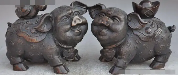 

S01284 9"Chinese fengshui Bronze Wealth Yuanbao Ruyi animal Pig Swine lucky statue pair (B0413)