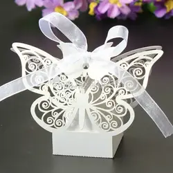 Бесплатная доставка 50 шт. лазерная резка белая бабочка Свадебный коробка конфет в Перл бумажная коробка, детские партия душ (с лентой)