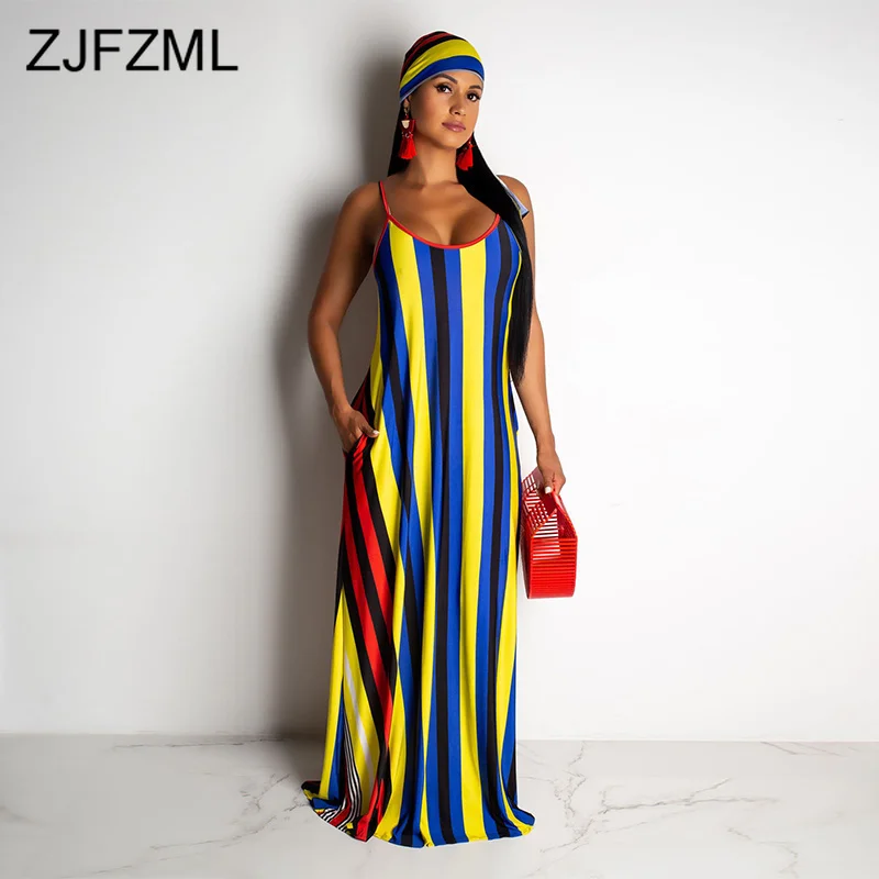 

Spaghetti Strap Sexy Bohemian Maxi Dress Women Colorful Striped Sleeveless Boho Dress Summer Round Neck Open Back Party Dresses
