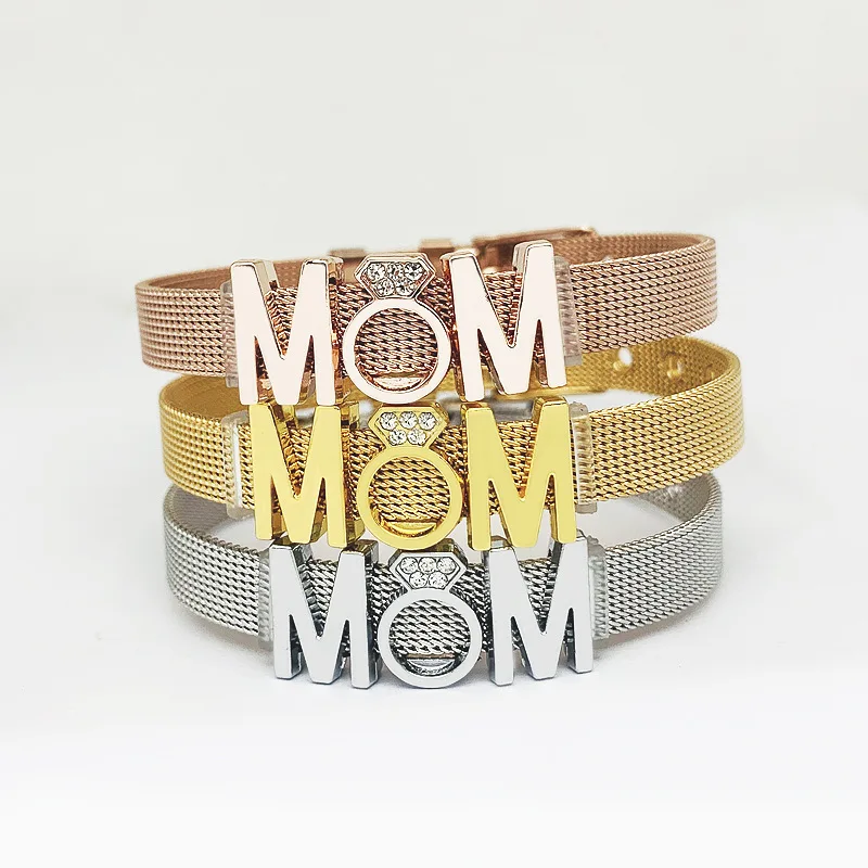 

Stainless steel mesh ladies bracelet micro-inlaid zircon MoM beautiful DIY letters jewelry adjustable bracelet mother's day gift