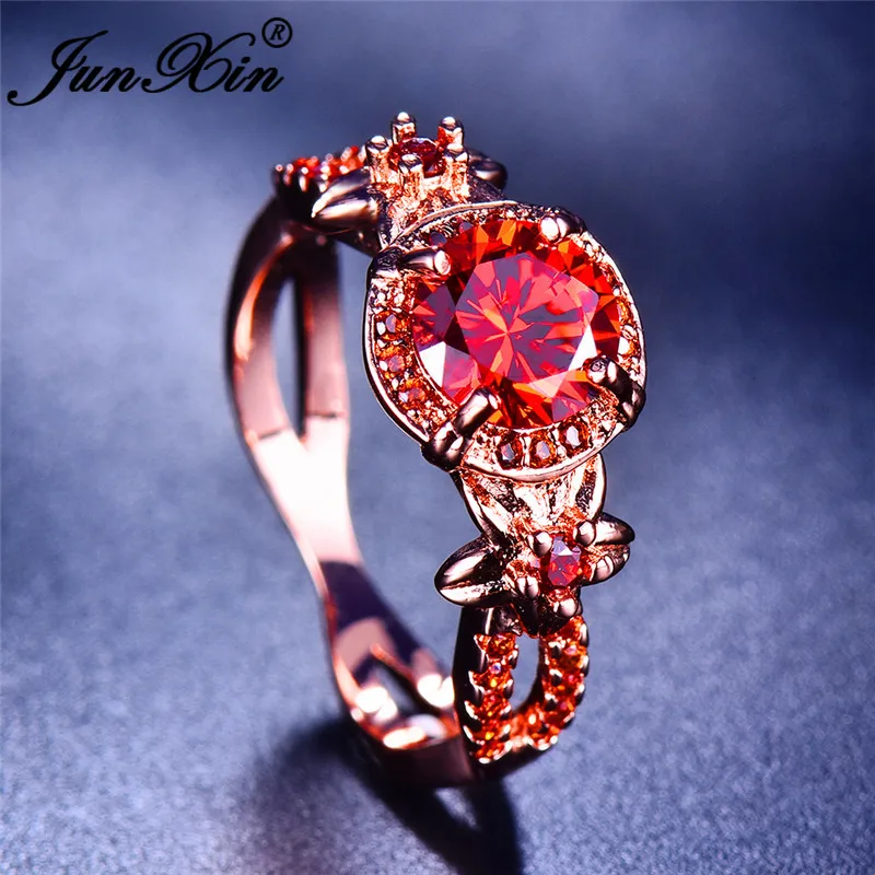 JUNXIN Charm Red Zircon Round Flower Star Rings For Women Rose Gold Filled July Birthstone Wedding Ring Female Turkish Jewelry