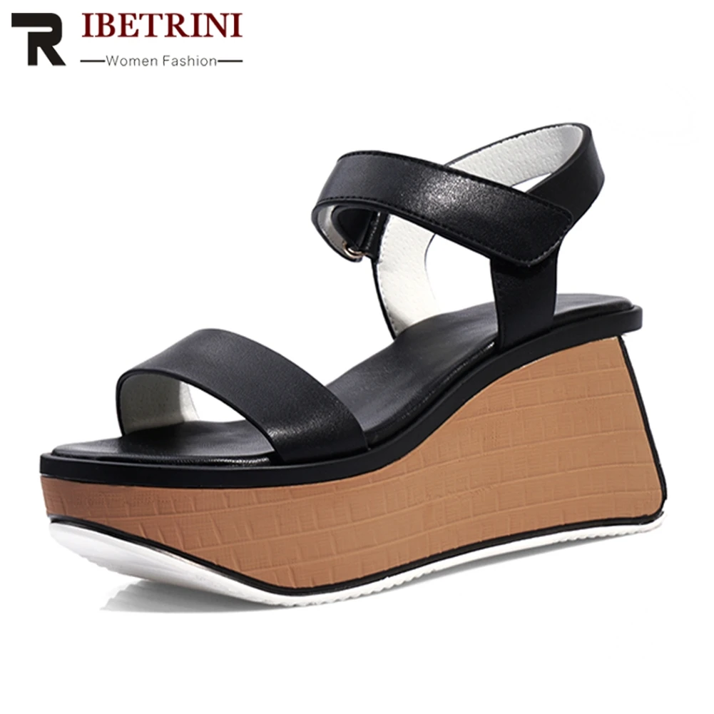 

RIBETRINI New Fashion Genuine Cow Leather Hot Sandals Woman Shoes hook&loop Platform Wedge High Heels Summer Shoes Woman Sandals