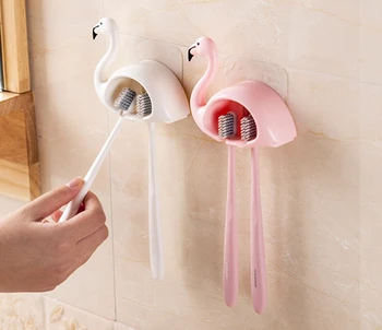 

1PC Bathroom Accessories Flamingo Sucker 2 Position Toothbrush Holder Suction Hooks Family Set Wall Bathroom